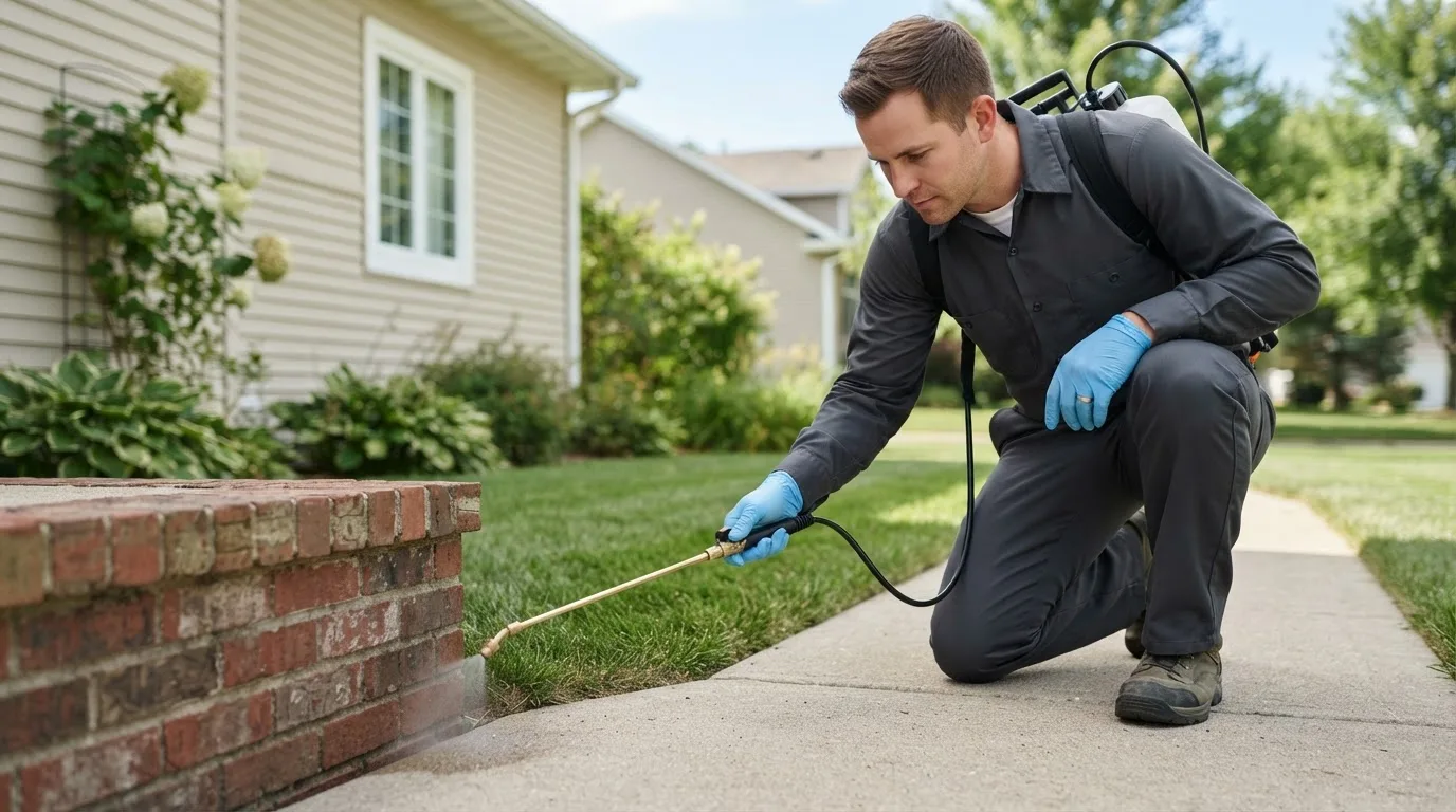 Pest control technician treating a home near Wetmore, KS