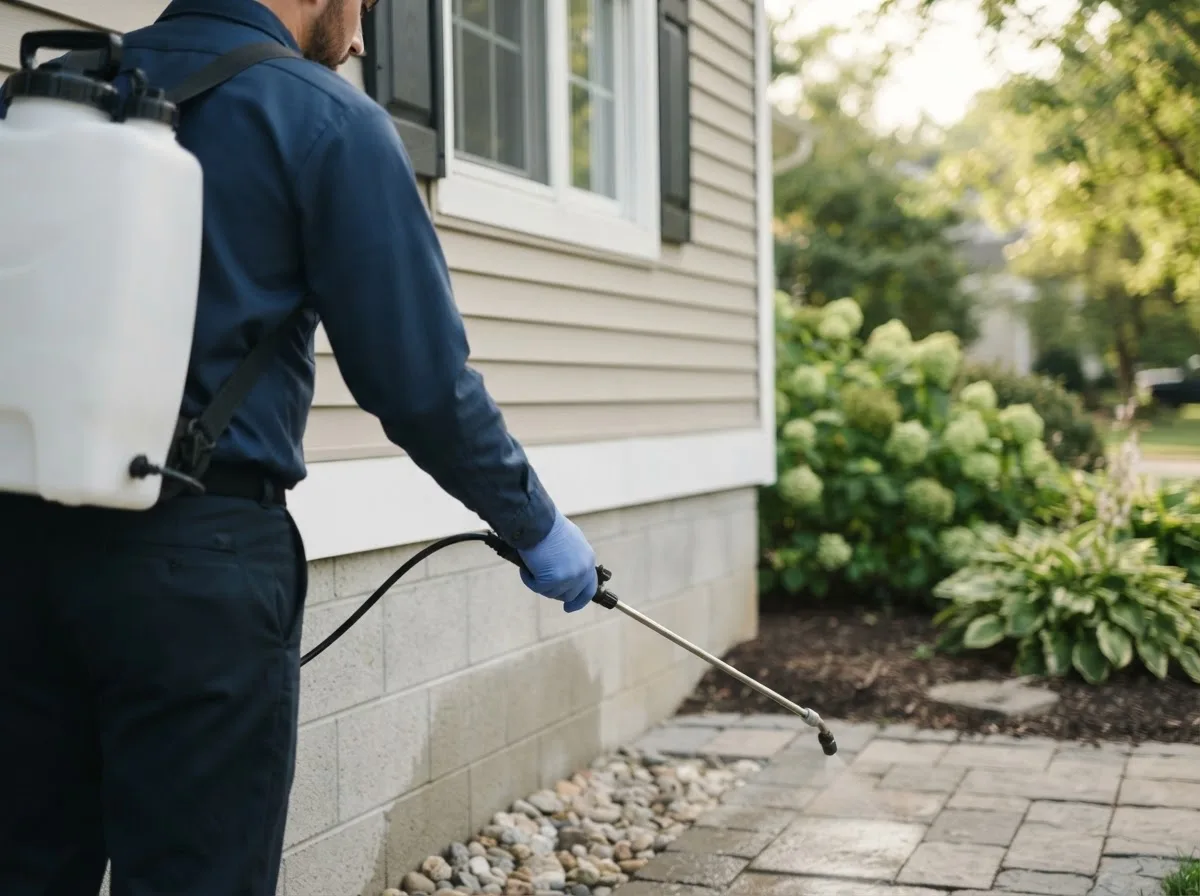 Pest control technician inspecting a home in Wetmore, KS